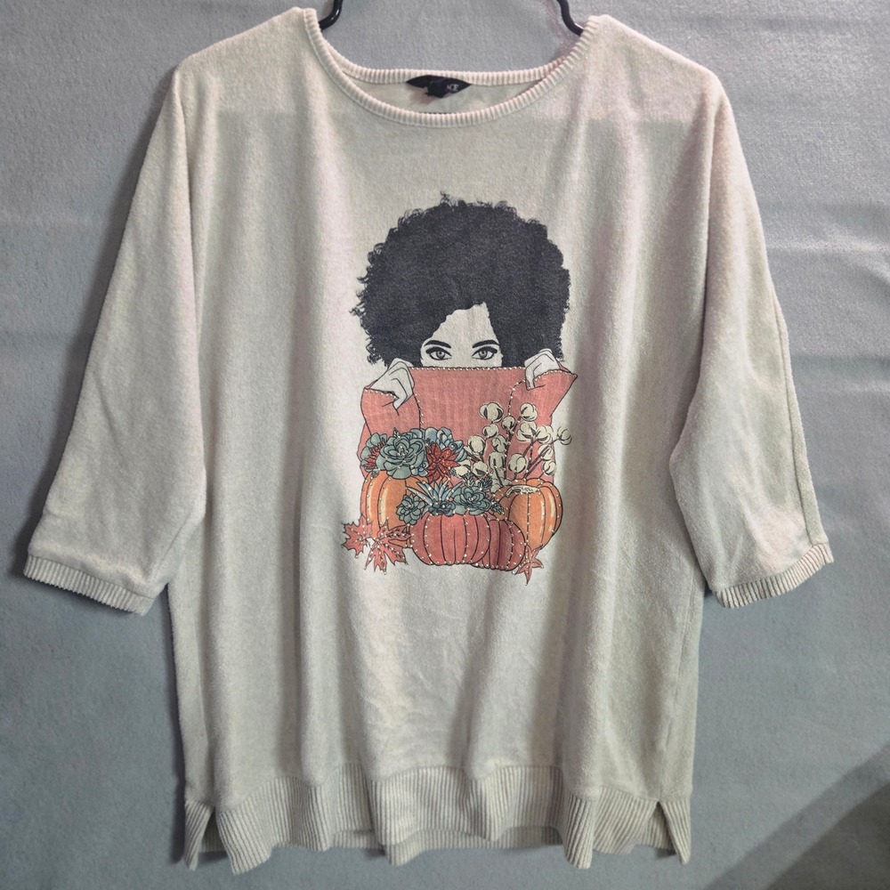 Love & Lace‎ Graphic Pumpkin Succulent Afro Woman Rhinestone Sweater Top